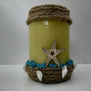 Κερί χειροποίητο κίτρινο με άρωμα εσπεριδοειδή σε γυάλινο βάζο 14εκ, Χ 9εκ.με ξύλινους αστερίες - αρωματικά κεριά - 4