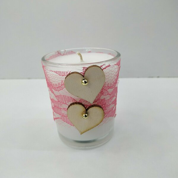 Κερί χειροποίητο αρωματικό σε γυάλινο σφηνάκι 7χ5 εκ με ξύλινες καρδιές - αρωματικά κεριά - 2