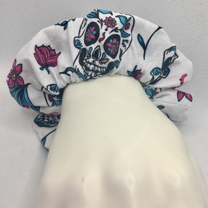 Υφασμάτινο λαστιχάκι scrunchie skulls & flowers - ύφασμα, κορίτσι, λουλούδια, λαστιχάκια μαλλιών - 5
