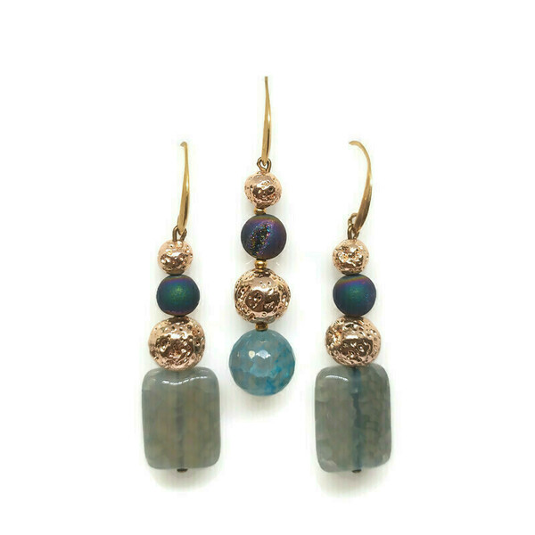 Mix and match blue agate earrings - ημιπολύτιμες πέτρες, αχάτης, αιματίτης, κρεμαστά