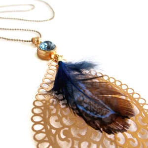 Κολιέ με κρύσταλλο Swarovski "Filigree Feather" μπλε 90cm - επιχρυσωμένα, swarovski, μακριά, μενταγιόν - 3