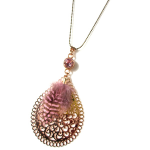 Κολιέ με κρύσταλλο swarovski "Filigree Feather" pink 90cm - επιχρυσωμένα, ορείχαλκος, φτερό, μακριά - 2