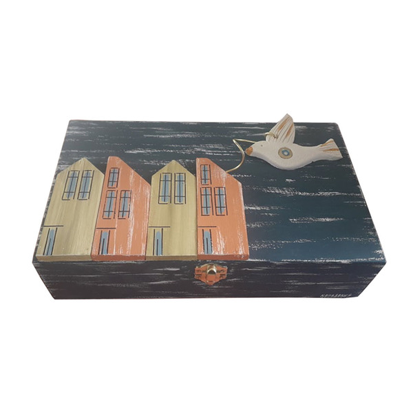 Κοσμηματοθήκη ξύλινη χειροποίητη Σπίτια με κεραμικό περιστέρι 28x8x17 Μπλέ σκούρο Καπαδάκης - ζωγραφισμένα στο χέρι, δώρο, χειροποίητα, κοσμηματοθήκη, ξύλινα διακοσμητικά