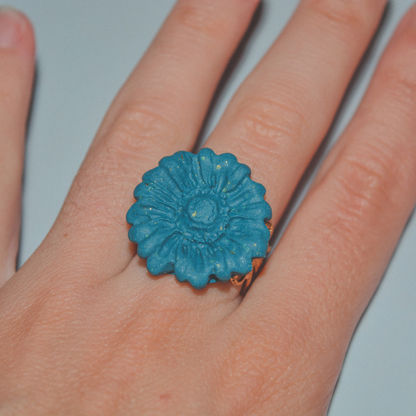 ''PETROL flower ring'' χειροποίητο δαχτυλίδι. - πηλός, αυξομειούμενα - 2