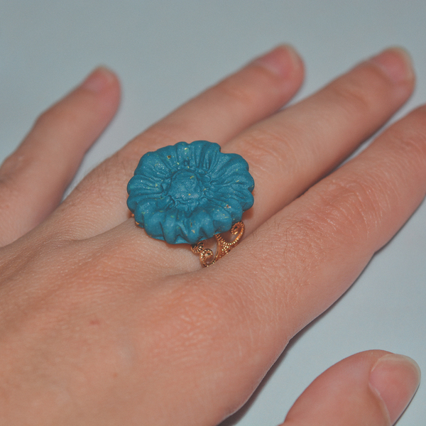 ''PETROL flower ring'' χειροποίητο δαχτυλίδι. - πηλός, αυξομειούμενα - 3