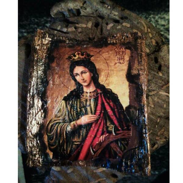 Χειροποίητη Εικόνα της Αγίας Αικατερίνης Σε Φλοιό Ξύλου - πίνακες & κάδρα, χειροποίητα - 2