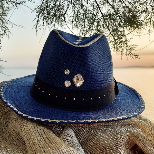 Custom / Handpainted καπέλο Gold & Blue - γυναικεία, απαραίτητα καλοκαιρινά αξεσουάρ, boho, δώρα για γυναίκες, ψάθινα