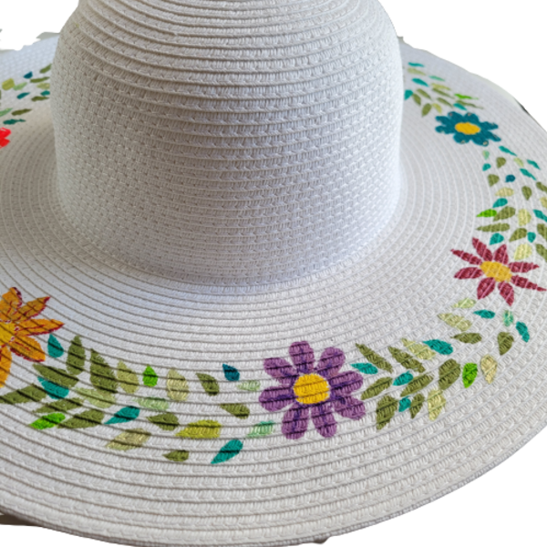 Καπέλο λευκό ζωγραφισμένο στο χέρι. - ζωγραφισμένα στο χέρι, λουλούδια, ψάθινα