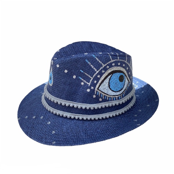 Ψάθινο καπέλο - Blue in eye - απαραίτητα καλοκαιρινά αξεσουάρ, boho, καπέλα, ψάθινα