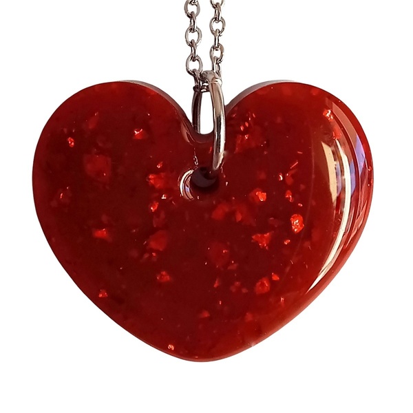 Κολιέ από υγρό γυαλί "heart" σε βαθύ κόκκινο χρώμα με κόκκινα γυαλιστερά φύλλα και μεταλλικά στοιχεία από ανοξείδωτο ατσάλι. - γυαλί, καρδιά, κοντά, ατσάλι, φθηνά - 3