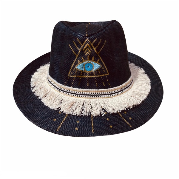 Ψάθινο καπέλο - Black evil eye - απαραίτητα καλοκαιρινά αξεσουάρ, boho, καπέλα, ψάθινα