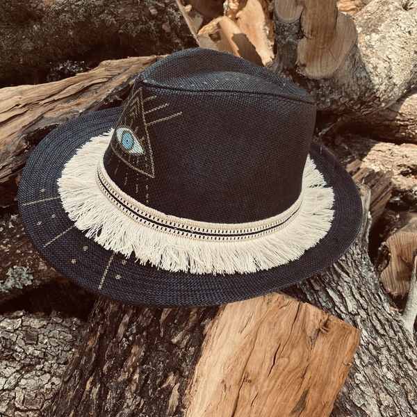 Ψάθινο καπέλο - Black evil eye - απαραίτητα καλοκαιρινά αξεσουάρ, boho, καπέλα, ψάθινα - 3