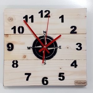 Ξύλινο φυσικο ρολόι τοίχου ''πυξίδα"-διαστάσεις 29χ29χ2 εκ. - τοίχου, ξύλο