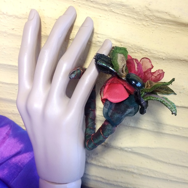 Χειροποίητο βραχιόλι σπιράλ με υφασμάτινη σύνθεση - ύφασμα, λουλούδι, boho, χεριού, αυξομειούμενα - 2