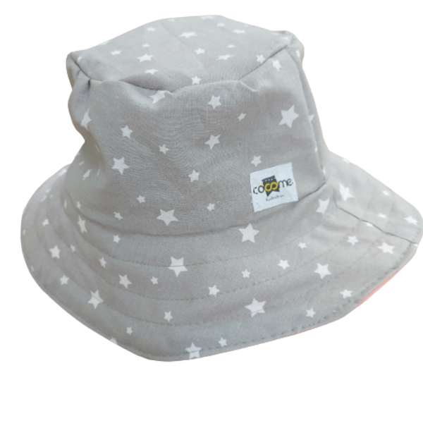 Καπέλο γκρι αστέρια, διπλής όψης, χειροποίητο, μέγεθος 1-2 ετών - κορίτσι, δώρο, απαραίτητα καλοκαιρινά αξεσουάρ, βρεφικά, καπέλα