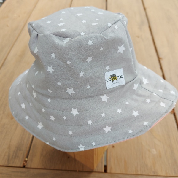 Καπέλο γκρι αστέρια, διπλής όψης, χειροποίητο, μέγεθος 1-2 ετών - κορίτσι, δώρο, απαραίτητα καλοκαιρινά αξεσουάρ, βρεφικά, καπέλα - 5
