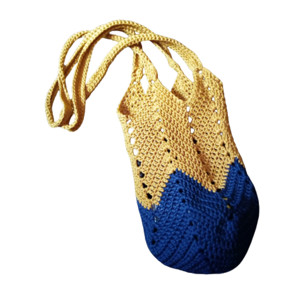 Πλεκτη tote bag μπλε με μουσταρδι - νήμα, ώμου, tote, πλεκτές τσάντες, δώρα για γυναίκες