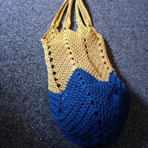 Πλεκτη tote bag μπλε με μουσταρδι - νήμα, ώμου, tote, πλεκτές τσάντες, δώρα για γυναίκες - 3