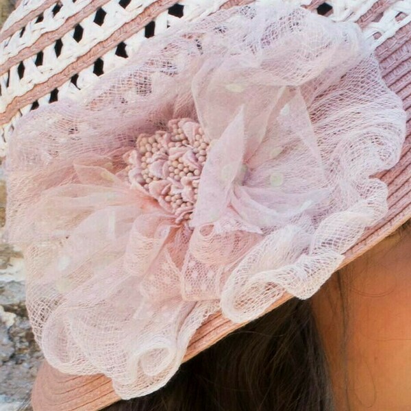 Ψάθινο διακοσμημένο γυναικείο καπέλο ροζ αντίκ - λουλούδια, romantic, δώρα για γυναίκες, ψάθινα - 4