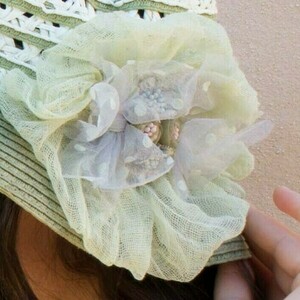 Ψάθινο διακοσμημένο γυναικείο καπέλο λαδί-εκρού - λουλούδια, romantic, δώρα για γυναίκες, ψάθινα - 3