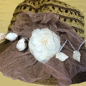 Ψάθινο διακοσμημένο γυναικείο καπέλο καφέ - λουλούδια, κοχύλι, romantic, ψάθινα - 4