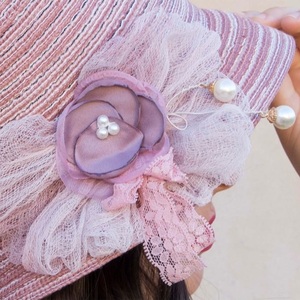 Ψάθινο διακοσμημένο με σύνθεση ροζ αντίκ γυναικείο καπέλο - λουλούδια, romantic, δώρα για γυναίκες, ψάθινα - 5