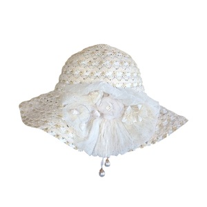 Γυναικείο καπέλο εκρού από δαντέλα και ψαθί, με εκρού διακόσμηση - λουλούδια, romantic, δώρα για γυναίκες, ψάθινα