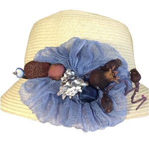 Ψάθινο γυναικείο καπέλο, διακοσμημένο με σύνθεση σε μπλε και καφέ - λουλούδια, romantic, δώρα για γυναίκες, ψάθινα