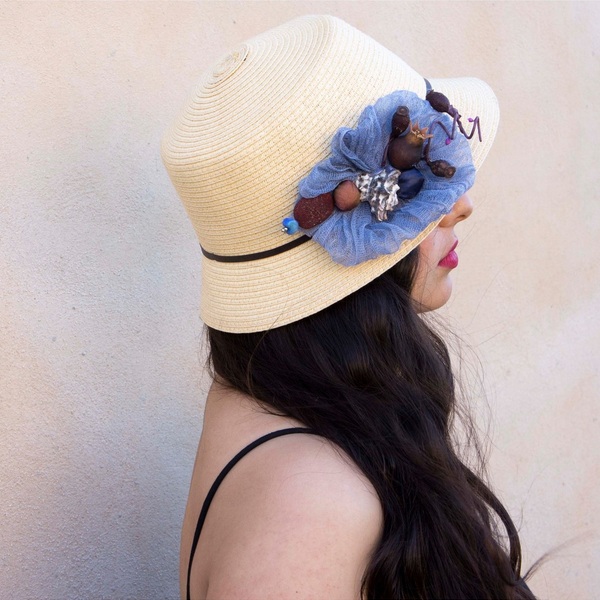 Ψάθινο γυναικείο καπέλο, διακοσμημένο με σύνθεση σε μπλε και καφέ - λουλούδια, romantic, δώρα για γυναίκες, ψάθινα - 3