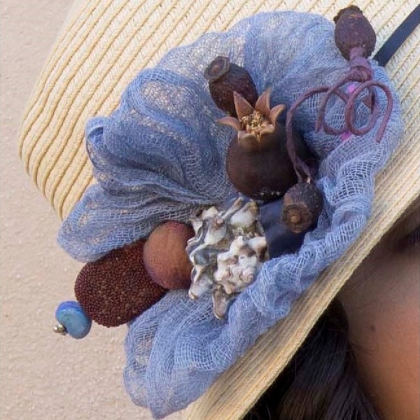 Ψάθινο γυναικείο καπέλο, διακοσμημένο με σύνθεση σε μπλε και καφέ - λουλούδια, romantic, δώρα για γυναίκες, ψάθινα - 4