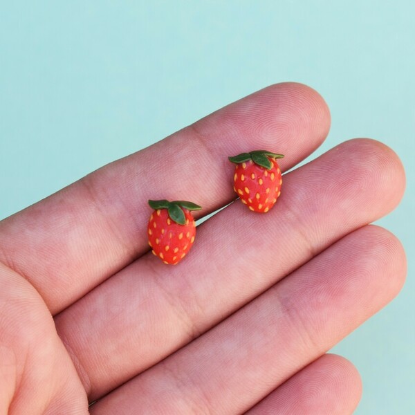 Strawberry Stud Earrings | Χειροποίητα μικρά καρφωτά σκουλαρίκια φράουλες (πηλός, ατσάλι) - πηλός, καρφωτά, μικρά, ατσάλι, καρφάκι - 2
