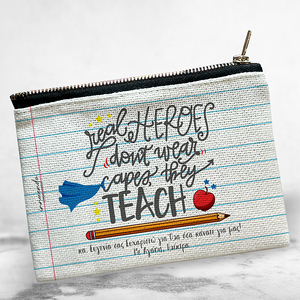 Γυναικείο Πορτοφολάκι για την Δασκάλα με Όνομα και Ευχή (Οι Ήρωες δεν Φορούν Κάπα) - ύφασμα, personalised, δώρα για δασκάλες, πορτοφόλια, προσωποποιημένα
