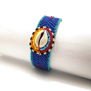 Seashells blue bracelet, μακραμε βραχιολι με κοχυλι και χάντρες - κοχύλι, μακραμέ, χάντρες, χεριού, αυξομειούμενα - 2