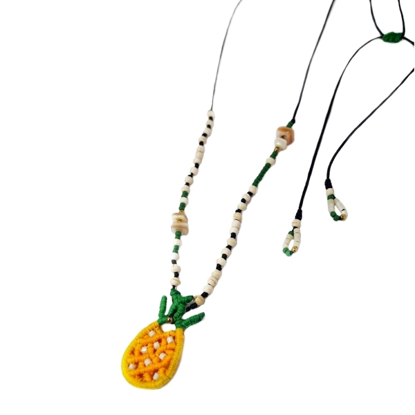 Pineapple necklace, μακραμε κολιε ανανάς με χάντρες - κοχύλι, μακραμέ, μακριά - 2