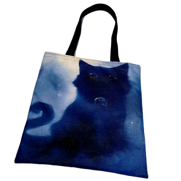 Χειροποίητη υφασμάτινη μπλε tote τσάντα με γάτα - ύφασμα, ώμου, γάτα, tote, πάνινες τσάντες
