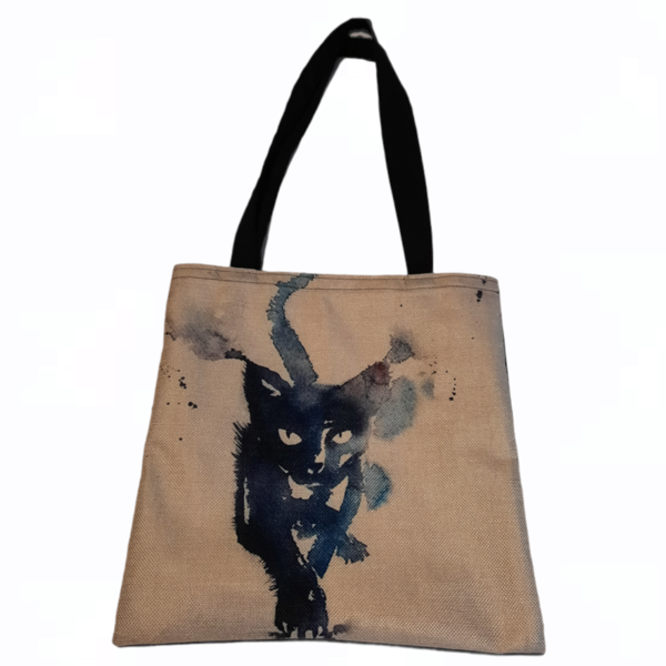 Χειροποίητη υφασμάτινη tote τσάντα με θυμωμένη γάτα - ύφασμα, ώμου, γάτα, tote, πάνινες τσάντες