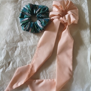 Scrunchie λαστιχάκια μαλλιών scarf φουλάρι ροδακινι - ύφασμα, φουλάρια, λαστιχάκια μαλλιών - 2