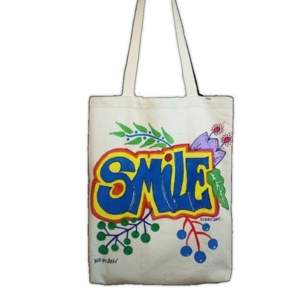 Τσάντα SMILE ζωγραφισμένη πανινη 28Χ35 χειροποιητη, οικολογική tote bag, shopper - ύφασμα, all day, πάνινες τσάντες