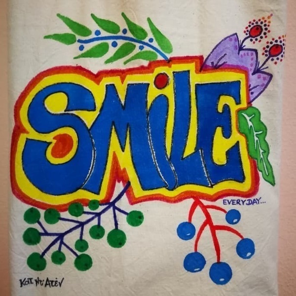 Τσάντα SMILE ζωγραφισμένη πανινη 28Χ35 χειροποιητη, οικολογική tote bag, shopper - ύφασμα, all day, πάνινες τσάντες - 3