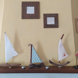 Καράβι επιτραπέζιο από θαλασσόξυλο και πανί από ύφασμα εκρού με τυρκουάζ και κατάρτισης από ξύλο κανέλας. - ύφασμα, καράβι, διακοσμητικά, επιτραπέζια - 3