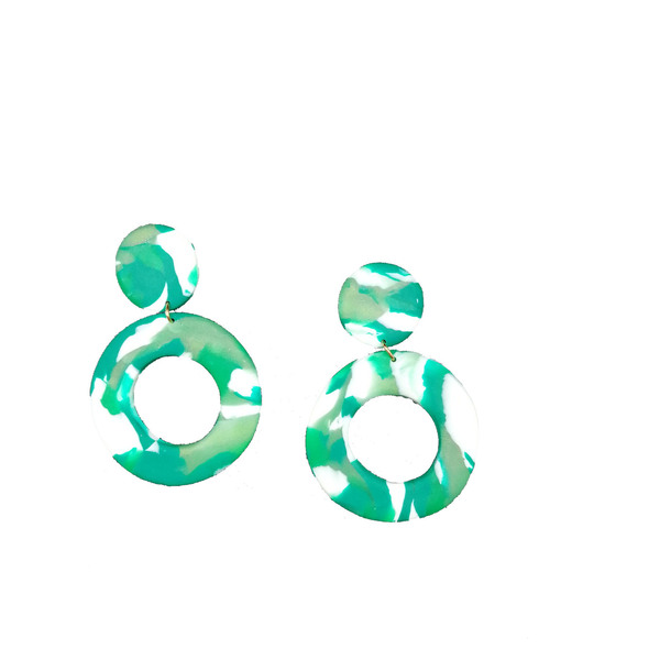 Χειροποίητα καρφωτά σκουλαρίκια "Emerald" κύκλοι από πηλό - πηλός, ατσάλι, κρεμαστά, μεγάλα, καρφάκι
