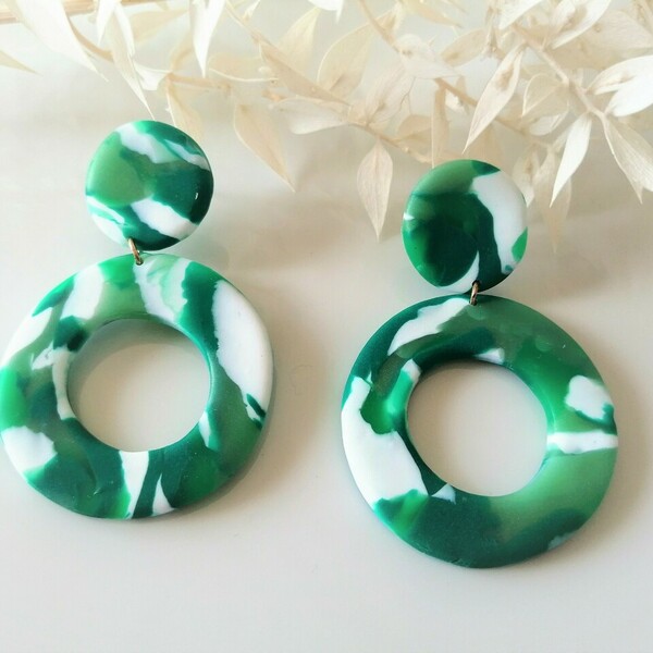 Χειροποίητα καρφωτά σκουλαρίκια "Emerald" κύκλοι από πηλό - πηλός, ατσάλι, κρεμαστά, μεγάλα, καρφάκι - 4