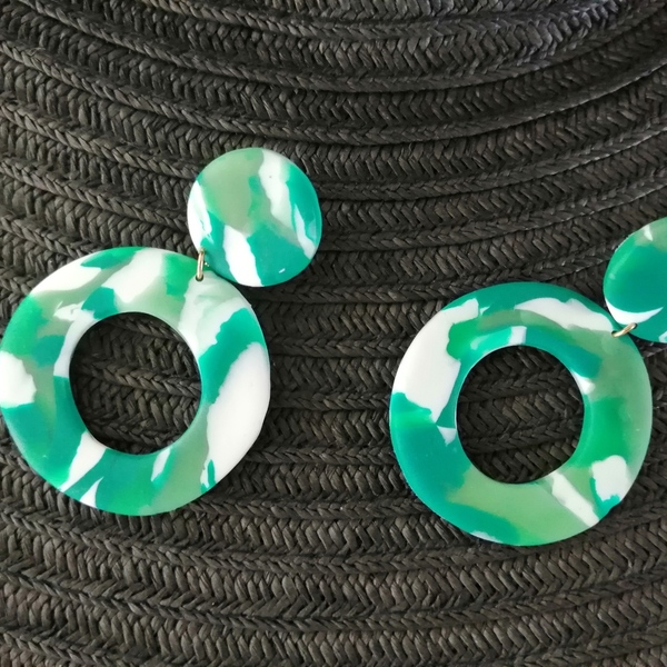 Χειροποίητα καρφωτά σκουλαρίκια "Emerald" κύκλοι από πηλό - πηλός, ατσάλι, κρεμαστά, μεγάλα, καρφάκι - 5