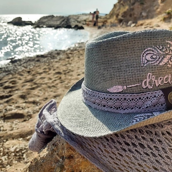 Custom / Handpainted καπέλο "Dreamer" - φτερό, αξεσουάρ παραλίας, δώρα για γυναίκες, ψάθινα - 5