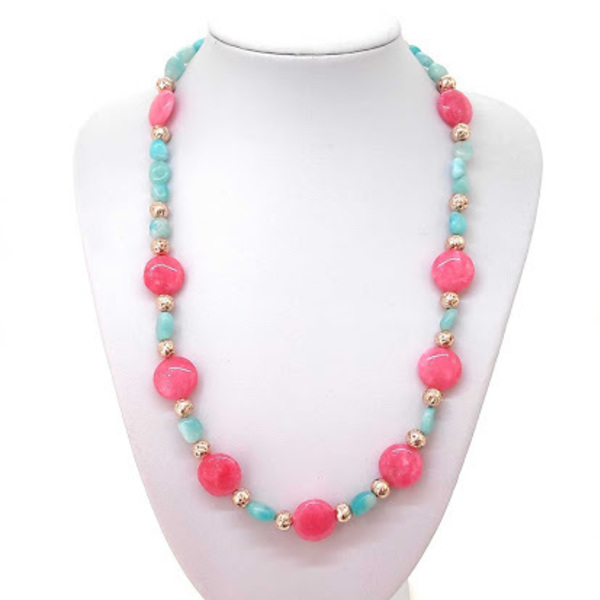 Κολιέ με ημιπολύτιμες πέτρες γαλάζιου και ροζ νεφρίτη και ροζ αιματίτη. - ημιπολύτιμες πέτρες, επιχρυσωμένα, κοντά, ατσάλι - 4