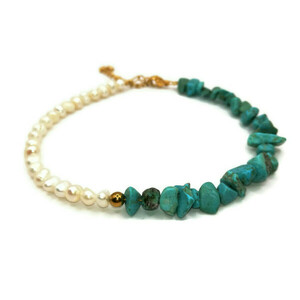 Βραχιόλι ποδιού anklet με μαργαριτάρια & chips aquamarine ημιπολύτιμες πέτρες - ημιπολύτιμες πέτρες, μαργαριτάρι, ποδιού