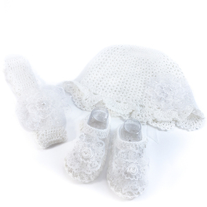 Πλεκτό λευκό καλοκαιρινό σετ για κορίτσια / καπέλο, κορδέλα, παπουτσάκια / 0-12/ Crochet white summer set for girls / hat, shoes - βρεφικά ρούχα, κορίτσι, σετ