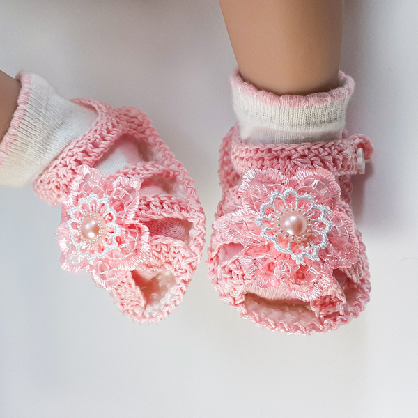 Πλεκτά ροζ καλοκαιρινά παπουτσάκια για κορίτσια/ παπούτσια για μωρά με λουλούδια/ 0-12/ Crochet pink summer booties for girls - κορίτσι, δώρο για νεογέννητο, βρεφικά ρούχα - 4