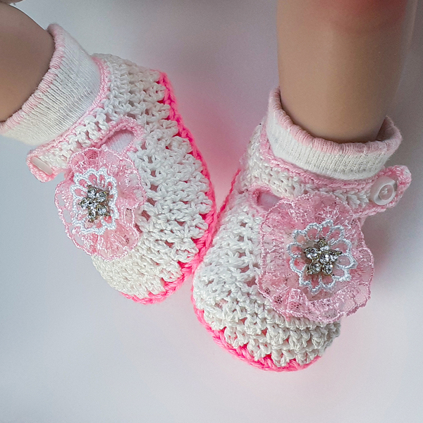 Πλεκτό λευκό-ροζ καλοκαιρινό σετ για κορίτσια / κορδέλα, παπουτσάκια / 0-12/ Crochet white-pink summer set for girls / band, shoes-Αντίγραφο - κορίτσι, σετ, βρεφικά ρούχα - 5