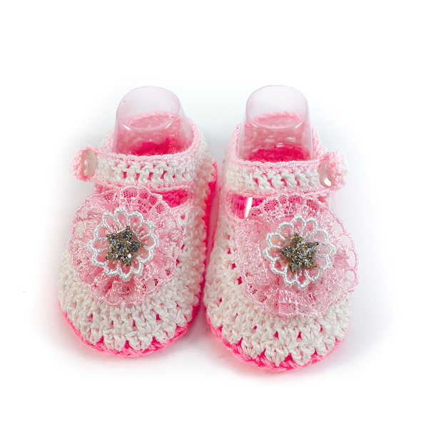 Πλεκτά λευκά-ροζ καλοκαιρινά παπουτσάκια για κορίτσια/ παπούτσια για μωρά με λουλούδια/ 0-12/ Crochet white-pink summer booties for girls-Αντίγραφο - κορίτσι, δώρο για νεογέννητο, βρεφικά ρούχα
